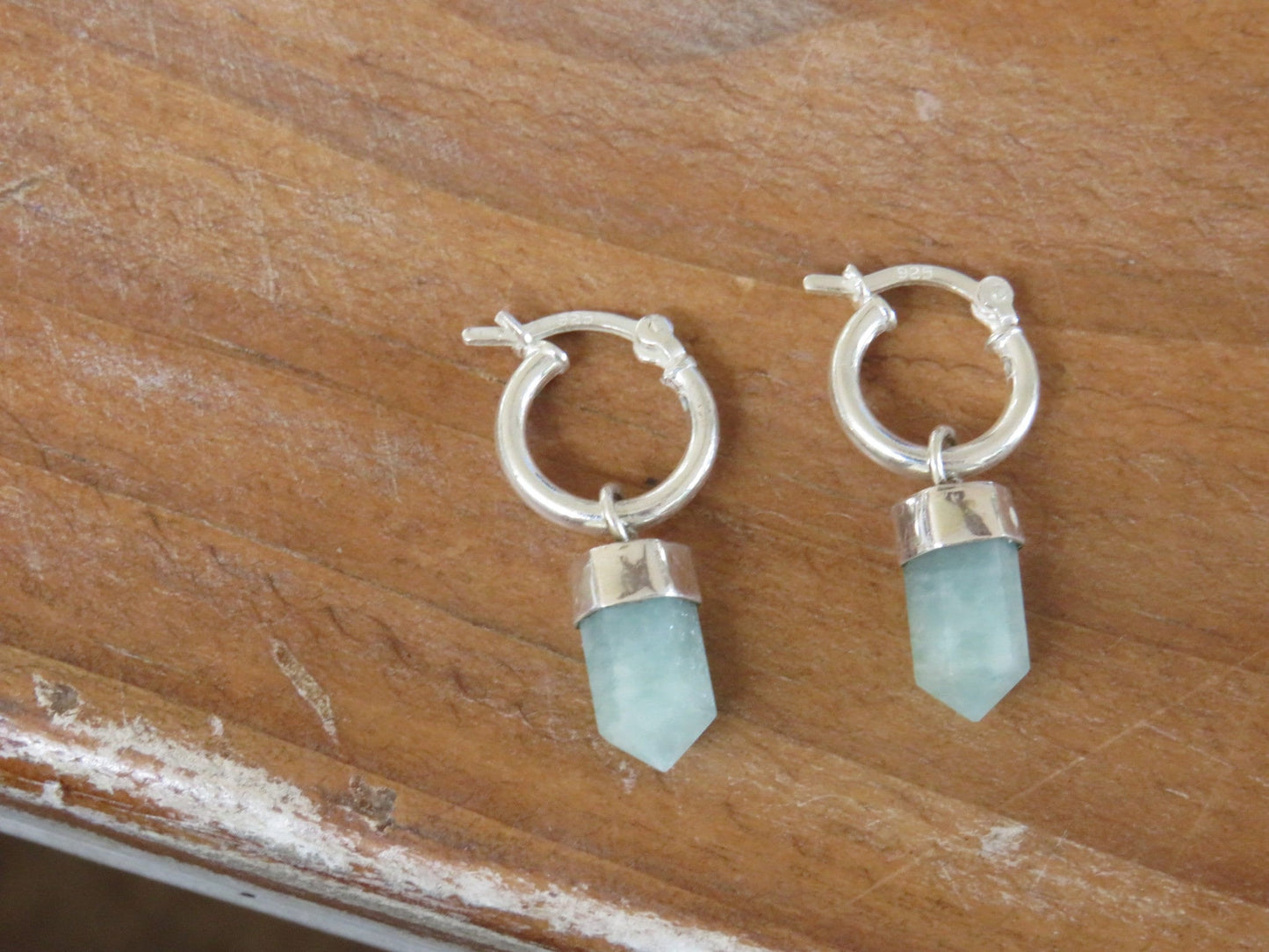 Amazonite Point Crystal Huggies Silver Earrings