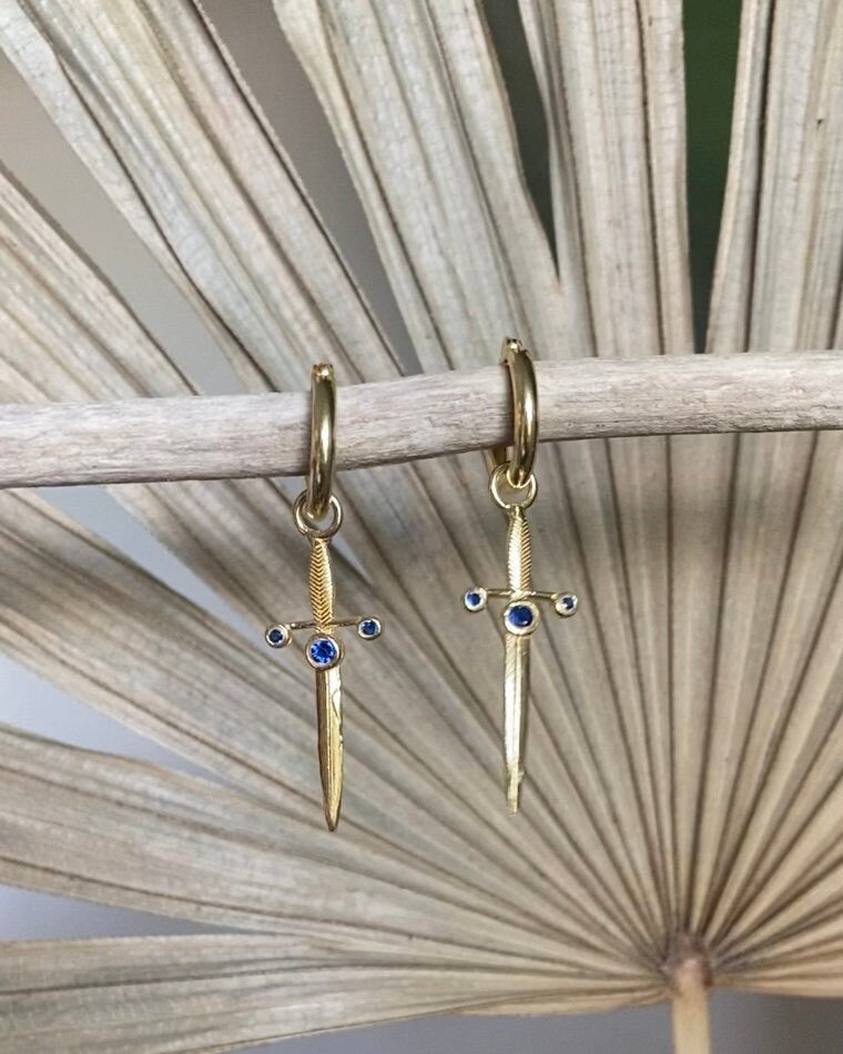Gold Excalibur Sword Sapphire Huggies Earrings