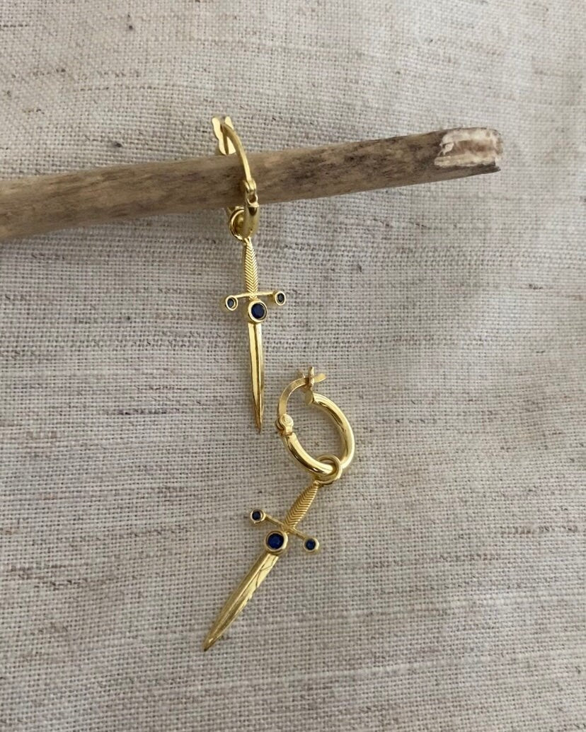 Gold Excalibur Sword Sapphire Huggies Earrings