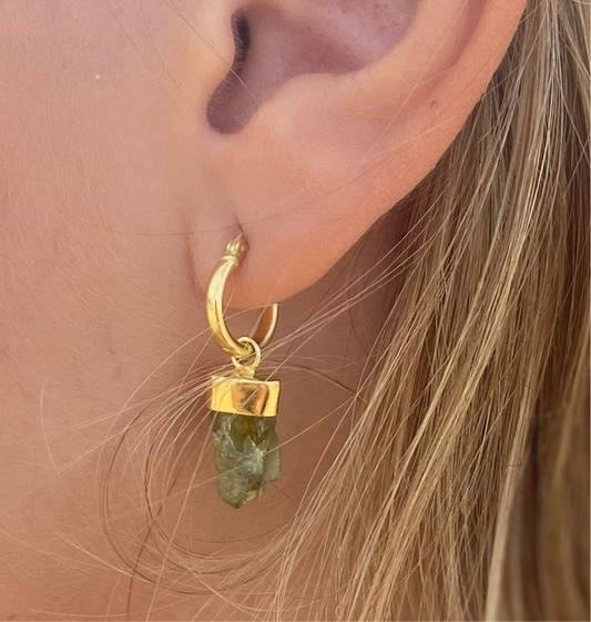 Peridot Raw Crystal Huggies Gold Earrings