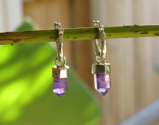 Amethyst Point Crystal Huggies Silver Earrings