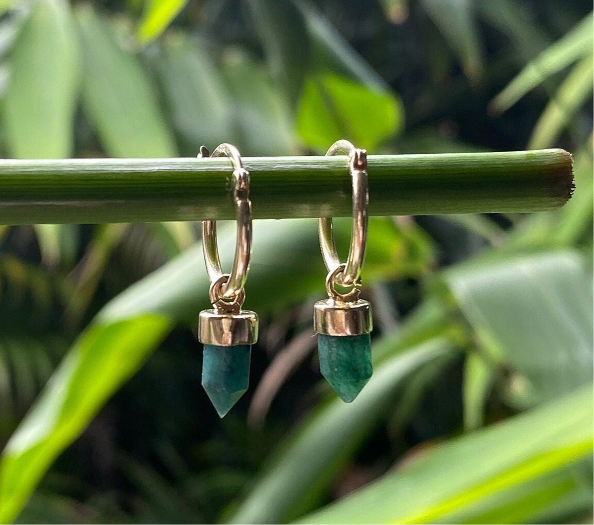 Green Aventurine Point Crystal Huggies Gold Earrings