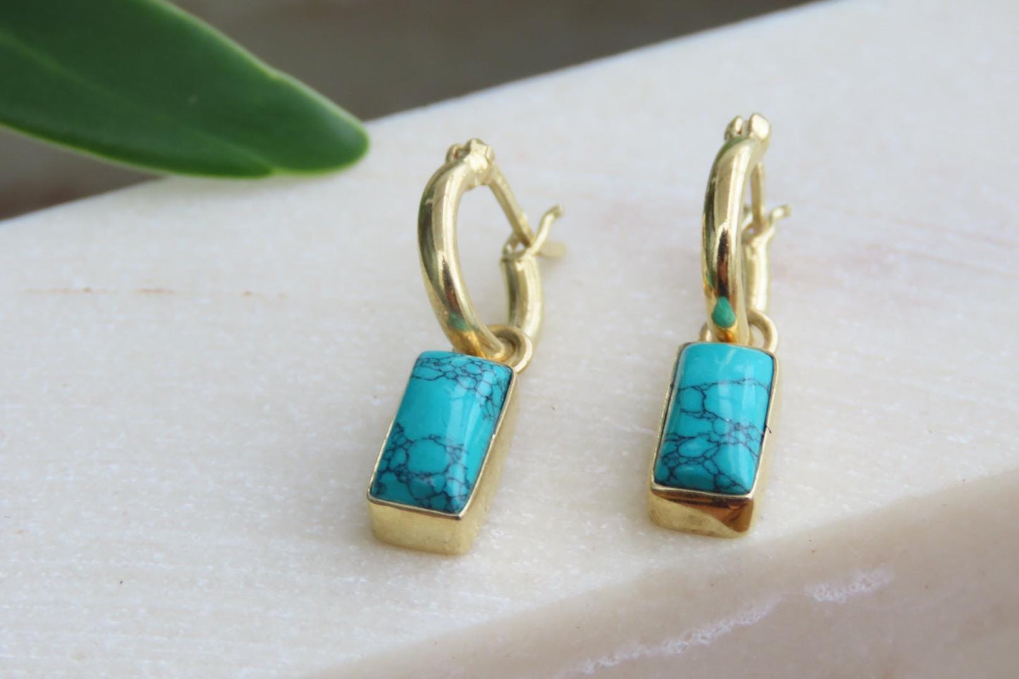 Gold Turquoise Rectangle Huggies Earrings