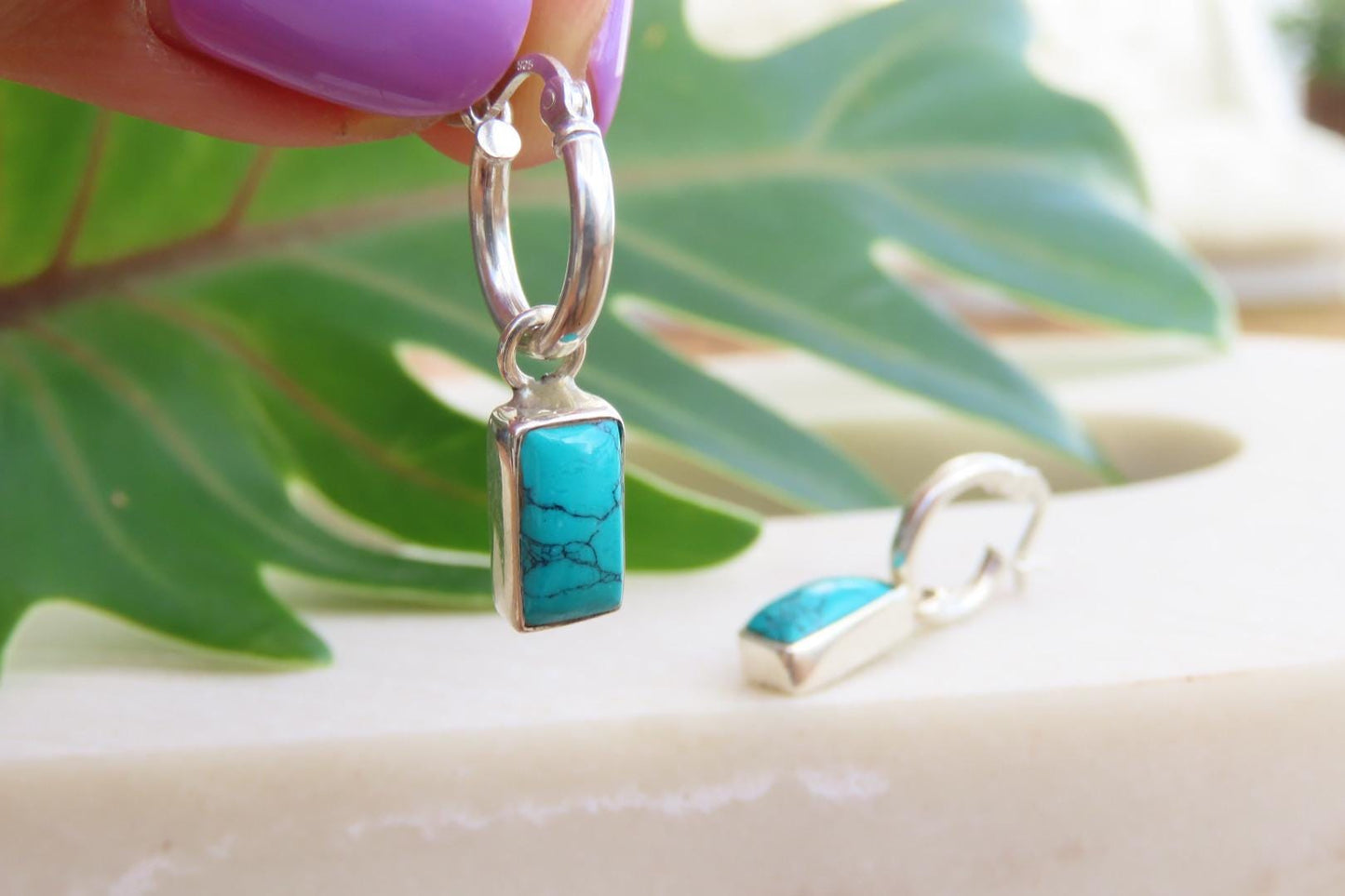 Turquoise  Rectangle Silver Huggies Earrings