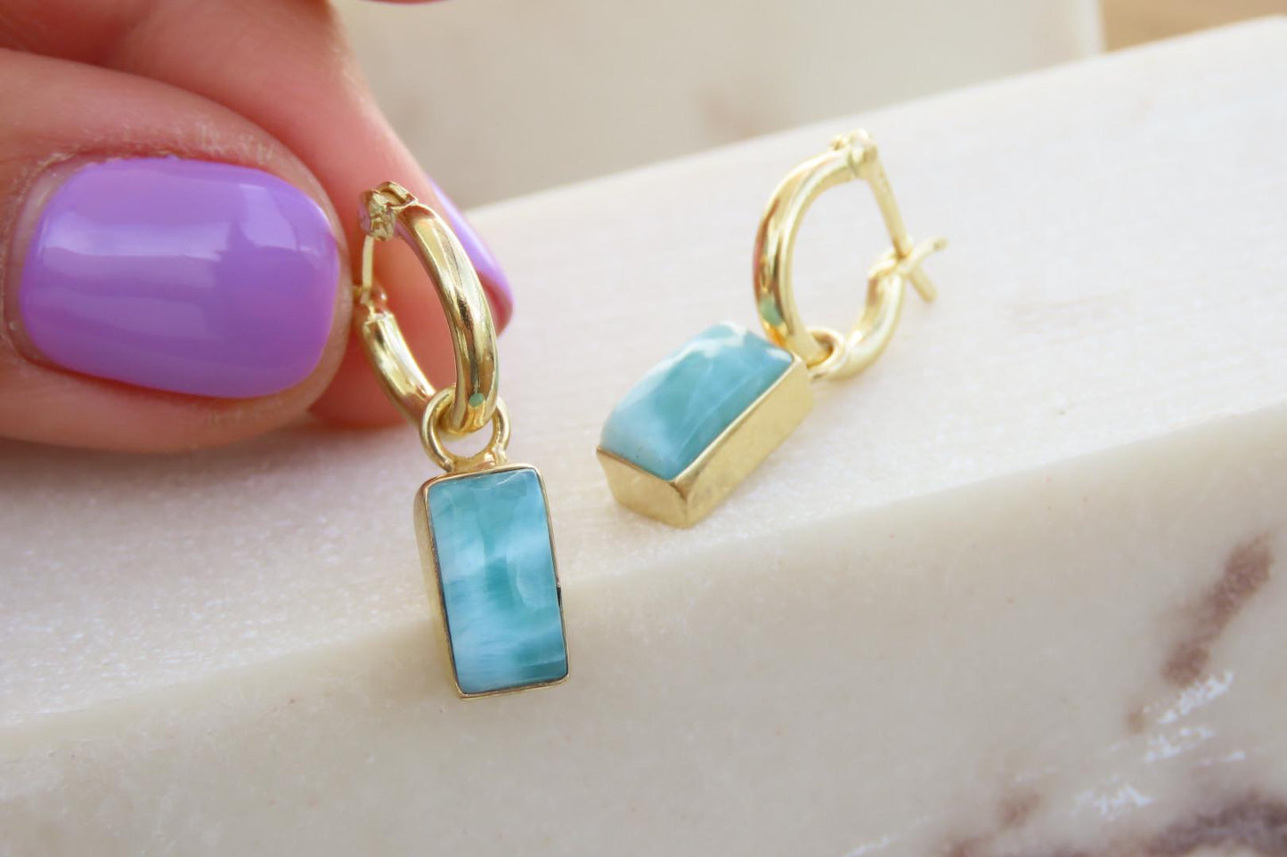 Gold Larimar Rectangle Huggies Earrings