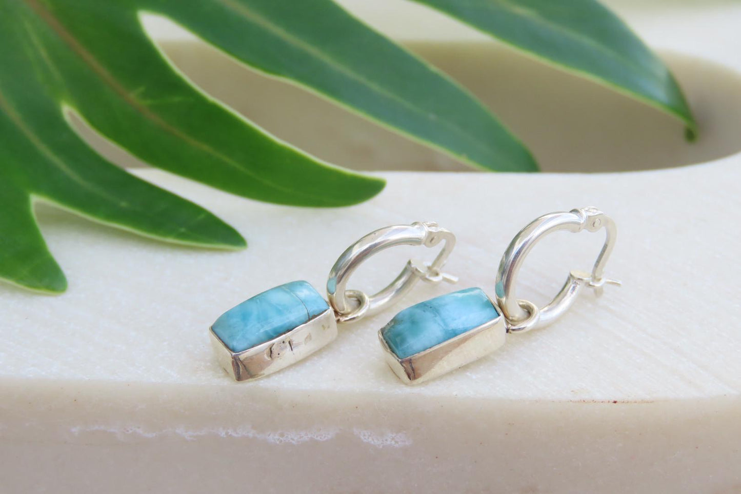 Larimar Rectangle Silver Huggies Earrings