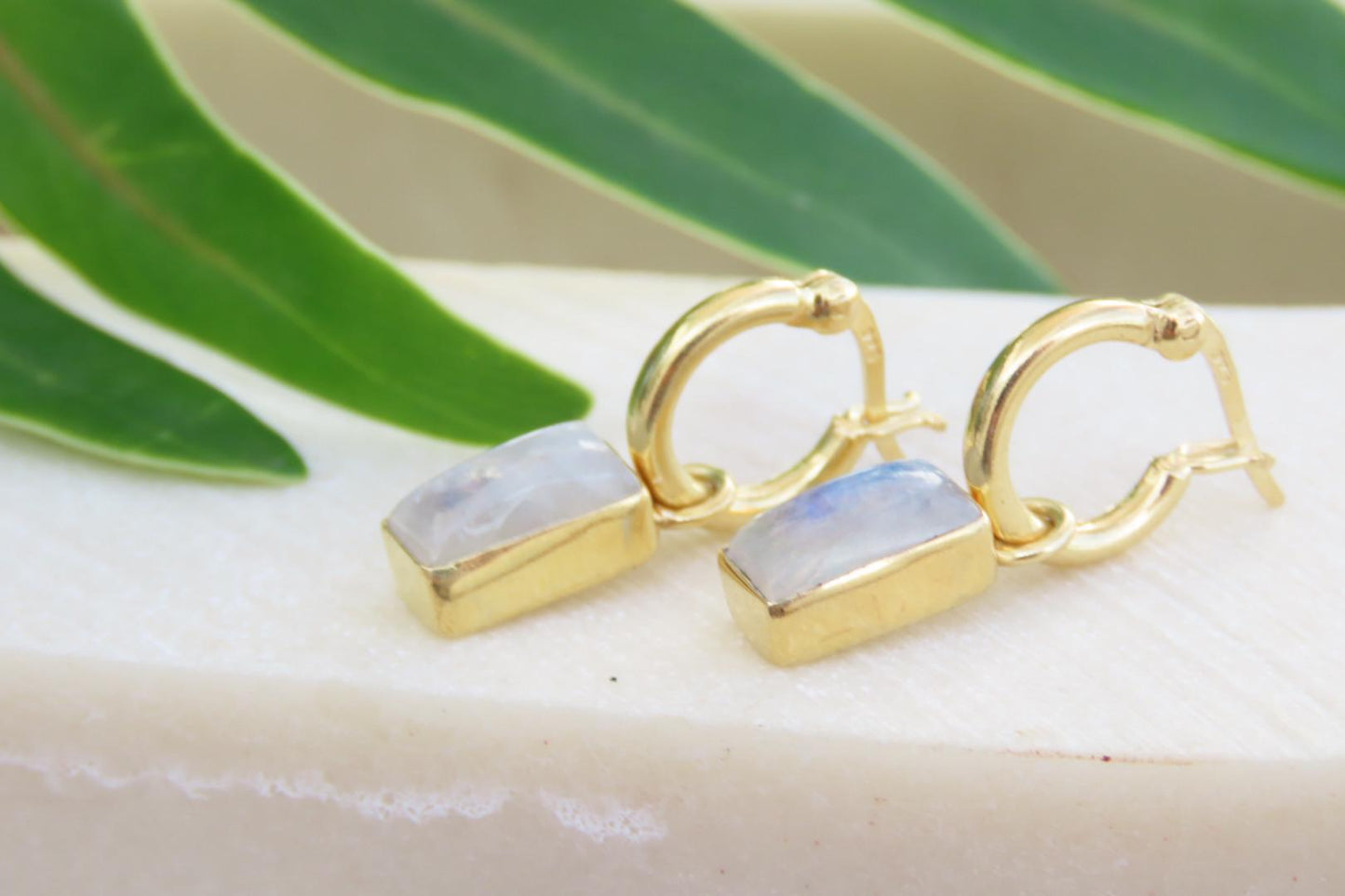 Gold Moonstone Rectangle Huggies Earrings