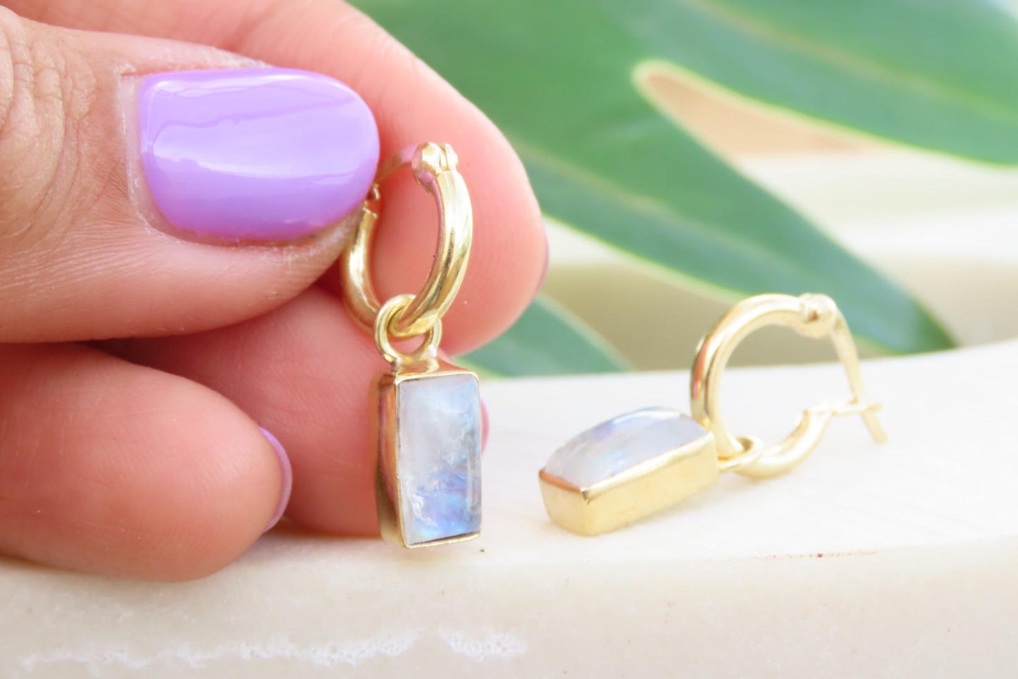 Gold Moonstone Rectangle Huggies Earrings