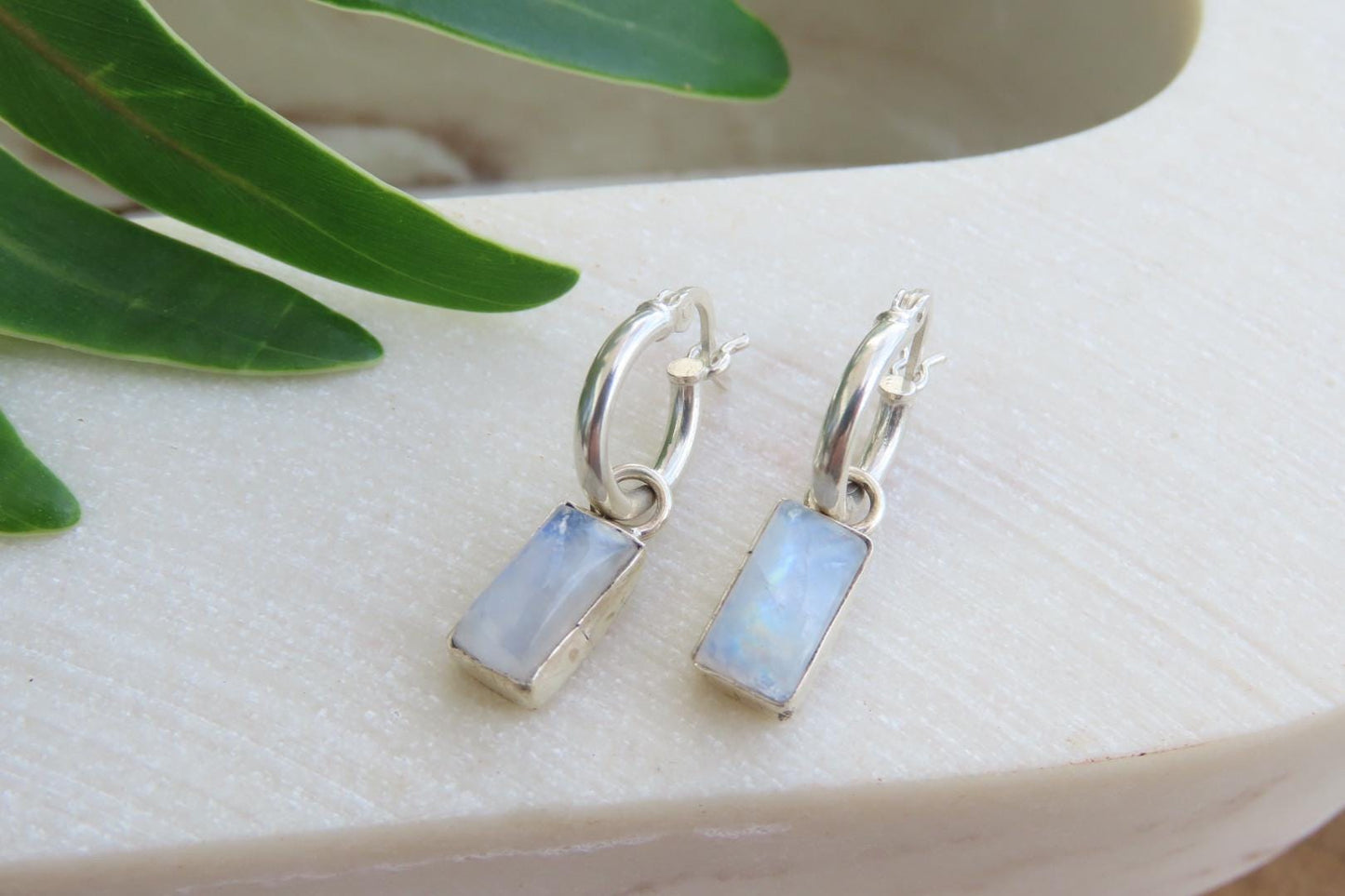 Moonstone Rectangle Silver Huggies Earrings