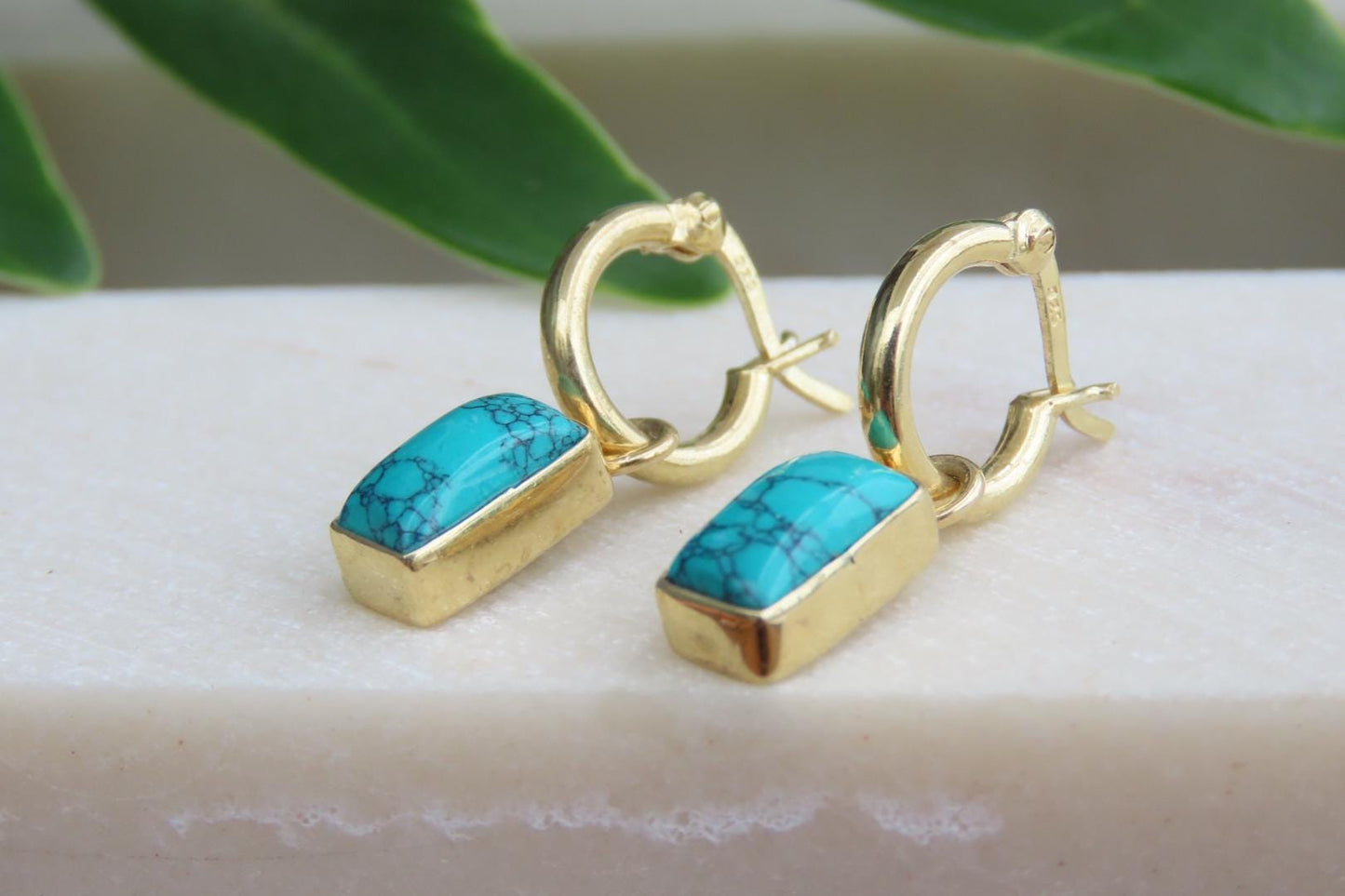 Gold Turquoise Rectangle Huggies Earrings