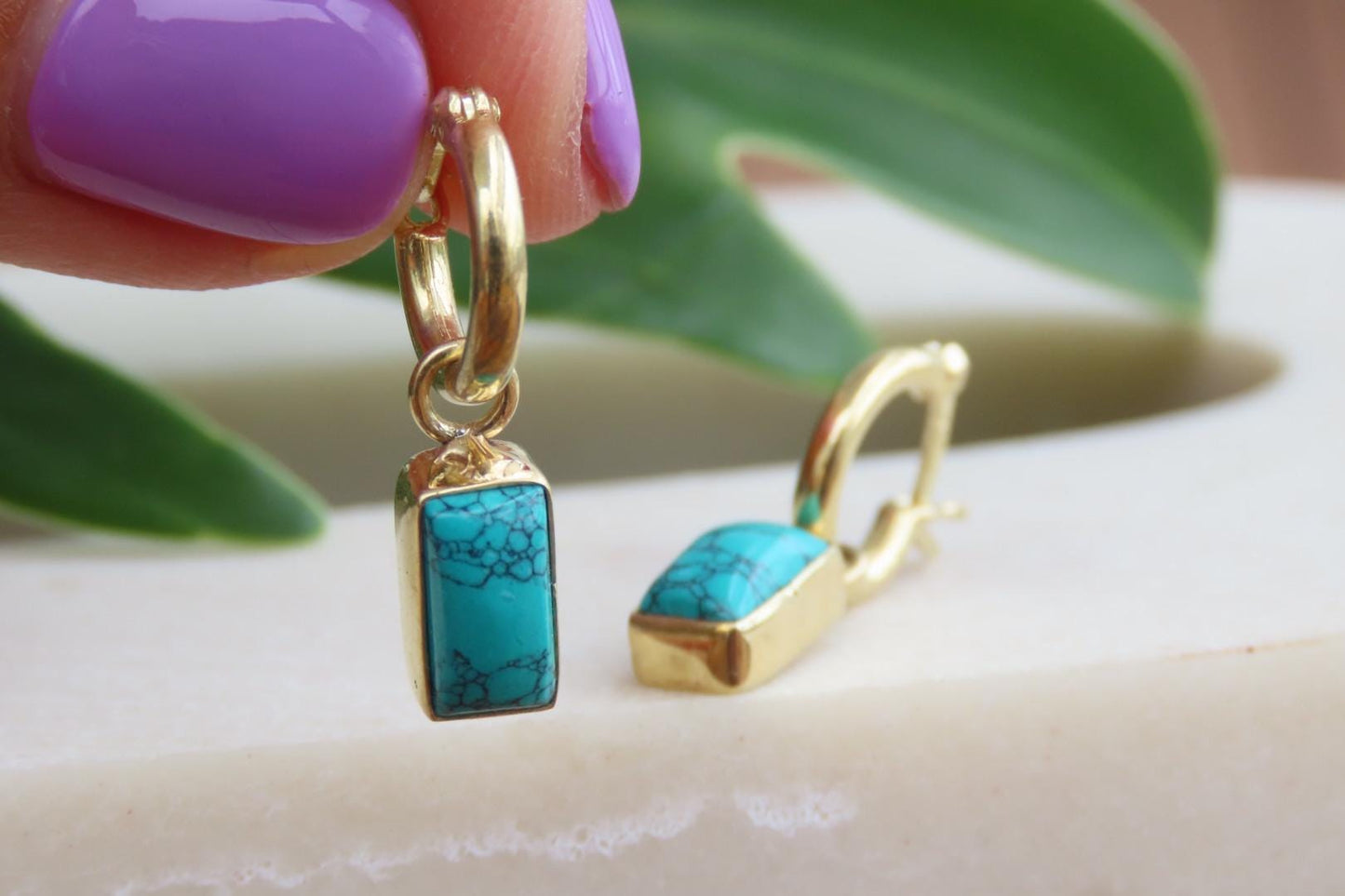 Gold Turquoise Rectangle Huggies Earrings