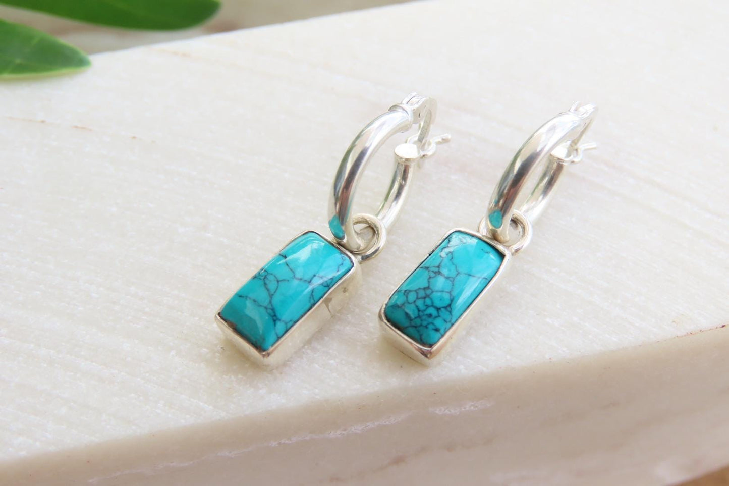 Turquoise  Rectangle Silver Huggies Earrings