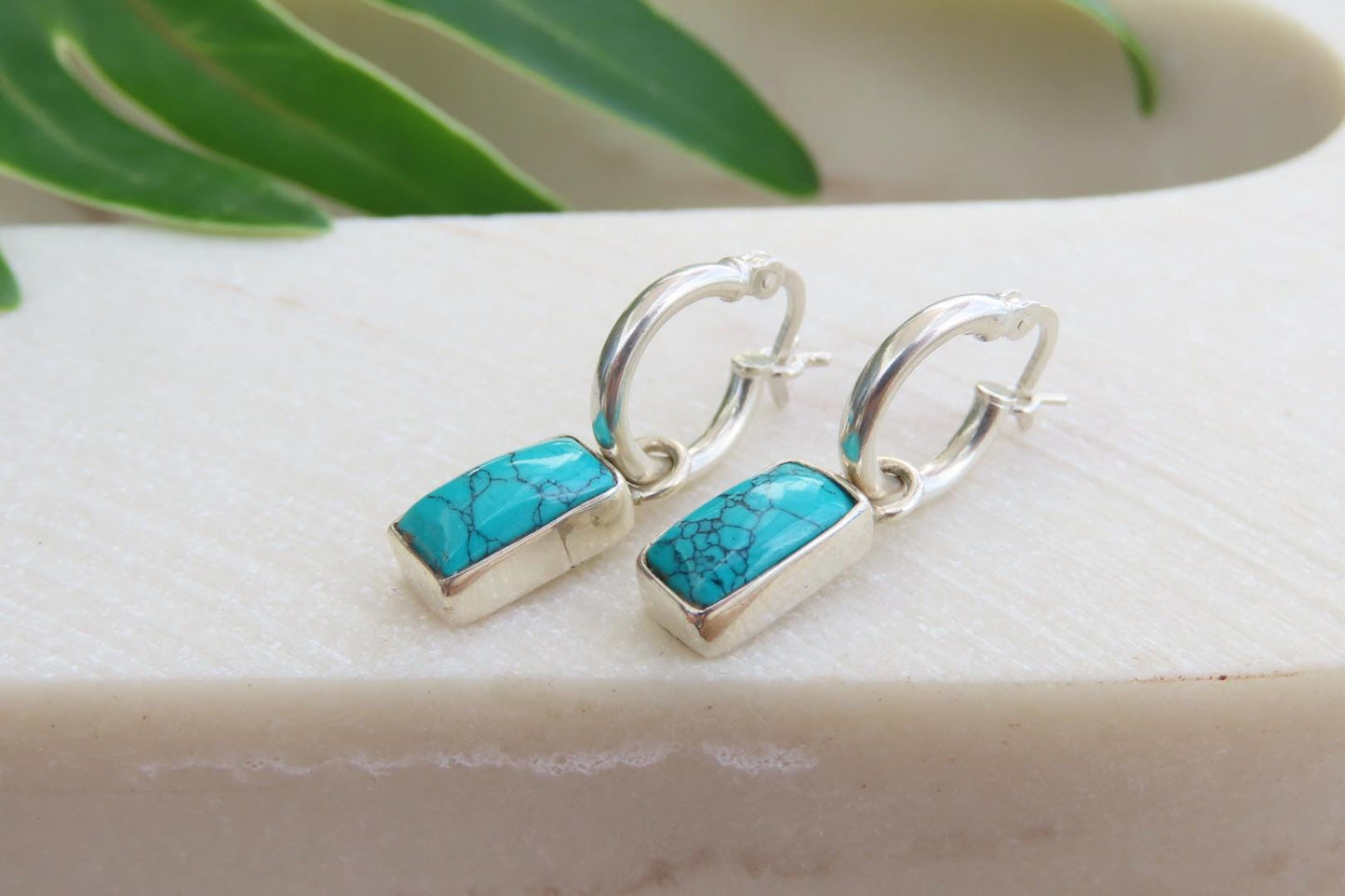 Turquoise  Rectangle Silver Huggies Earrings