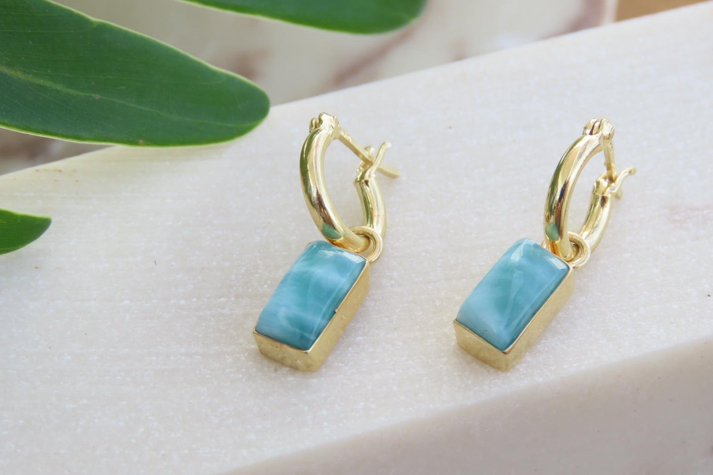 Gold Larimar Rectangle Huggies Earrings