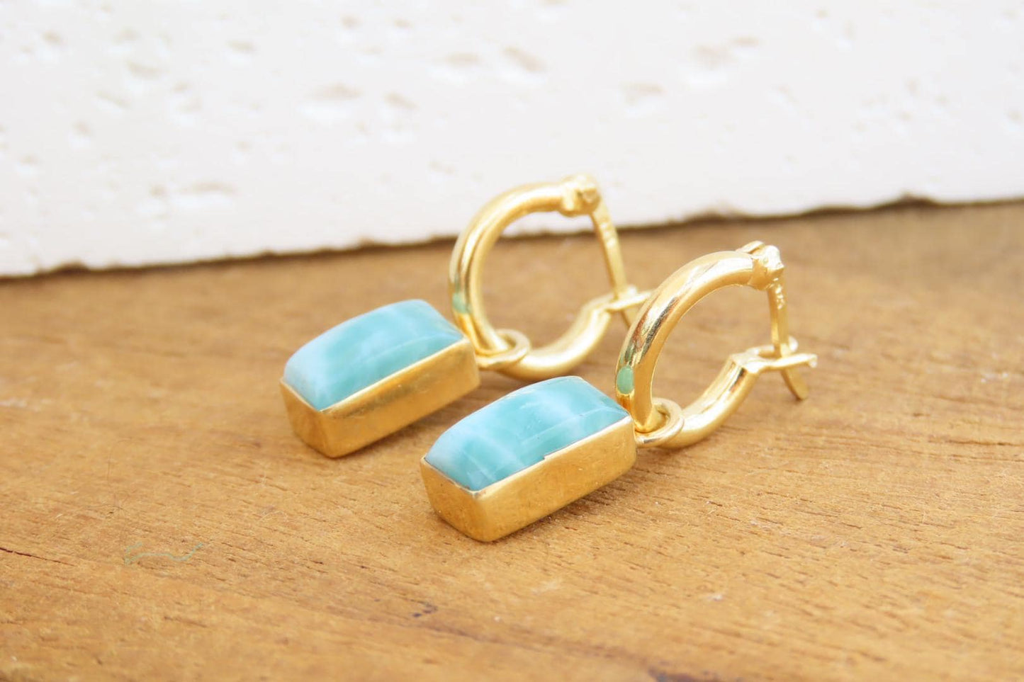 Gold Larimar Rectangle Huggies Earrings