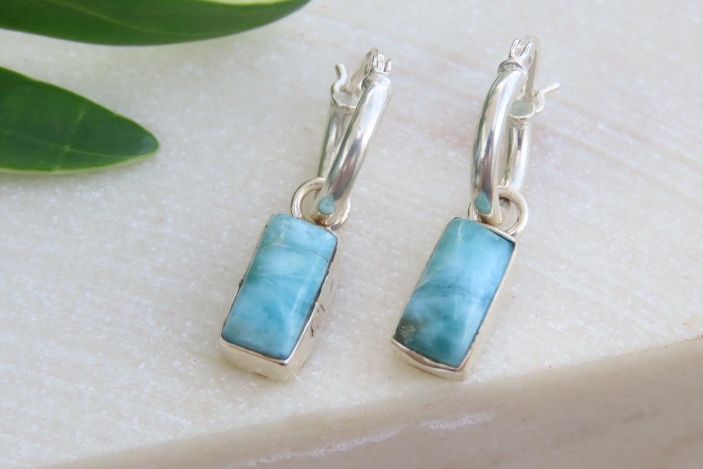 Larimar Rectangle Silver Huggies Earrings