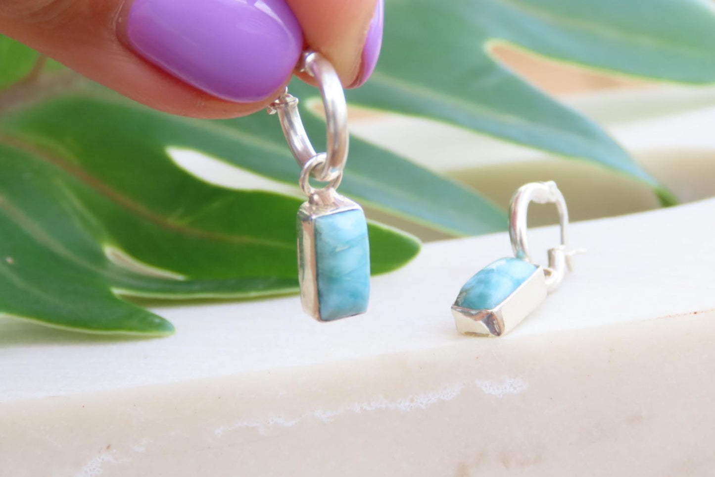 Larimar Rectangle Silver Huggies Earrings