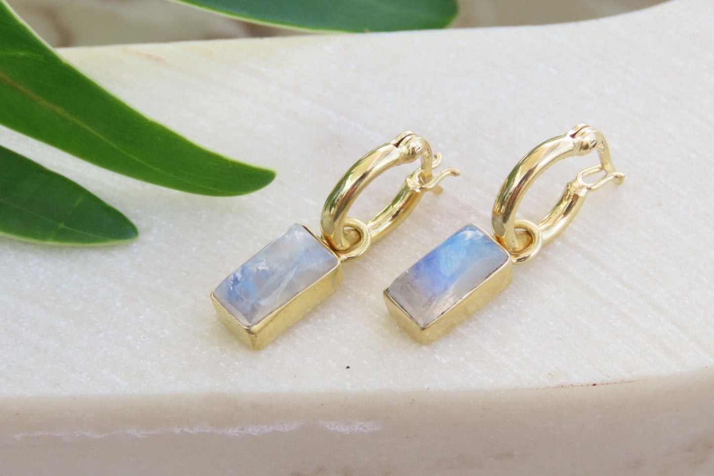 Gold Moonstone Rectangle Huggies Earrings