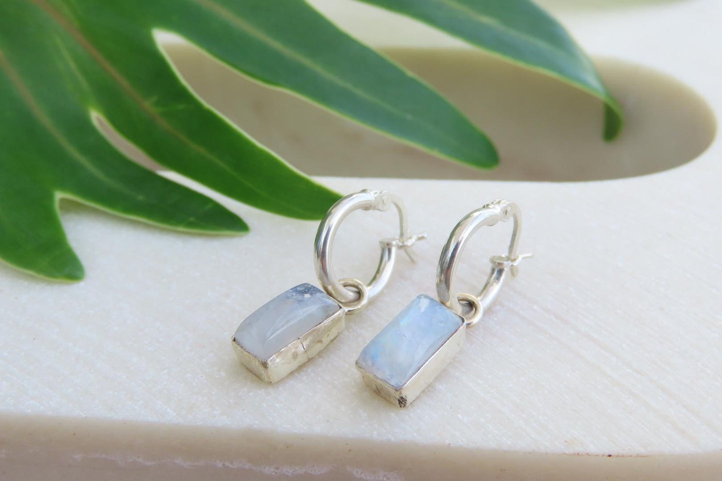 Moonstone Rectangle Silver Huggies Earrings