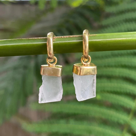 Clear Quartz Raw Crystal Huggies Gold Earrings