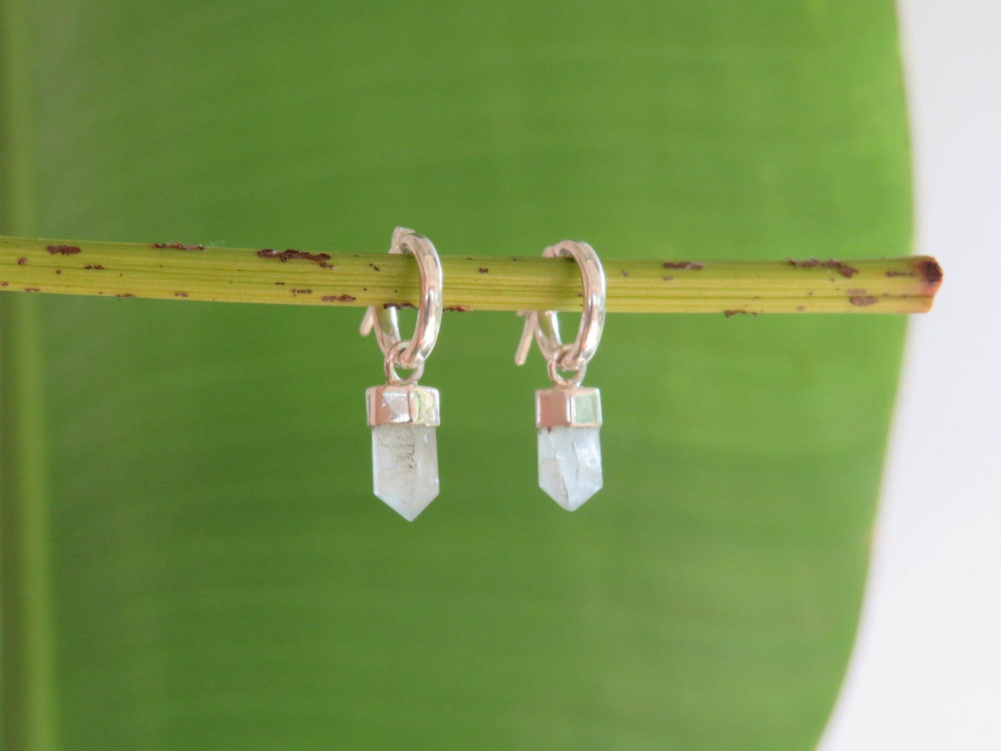 Aquamarine Point Crystal Huggies Silver Earrings