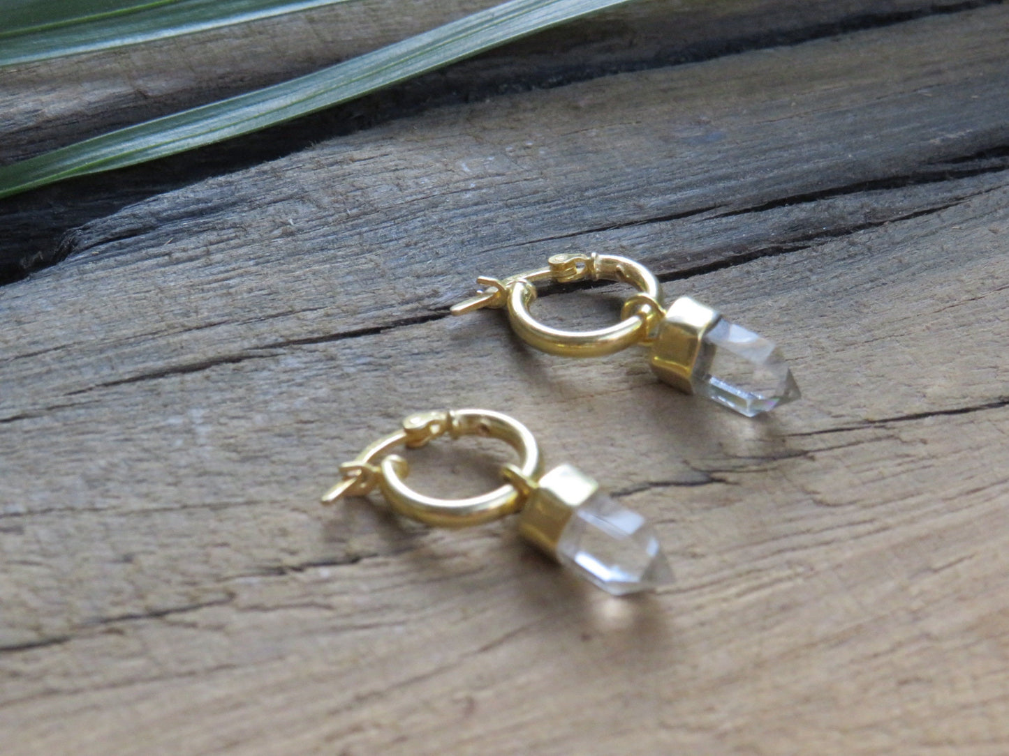 Clear Quartz Point Crystal Huggies Gold Earrings