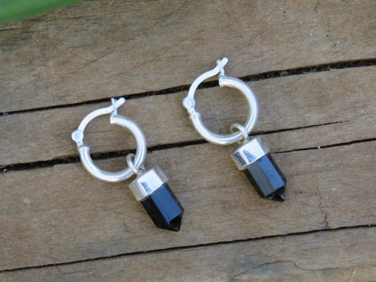 Black Onyx Point Crystal  Huggies Silver Earrings