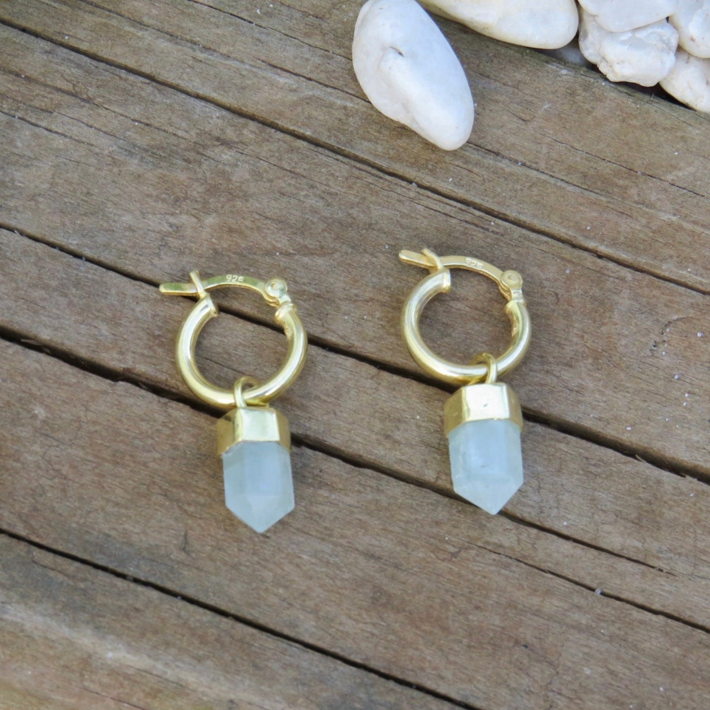 Aquamarine Point Crystal Huggies Gold Earrings
