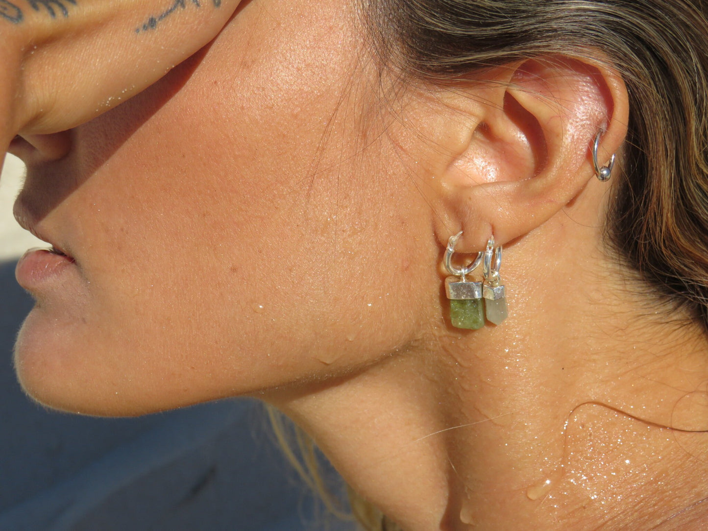 Aquamarine Point Crystal Huggies Silver Earrings
