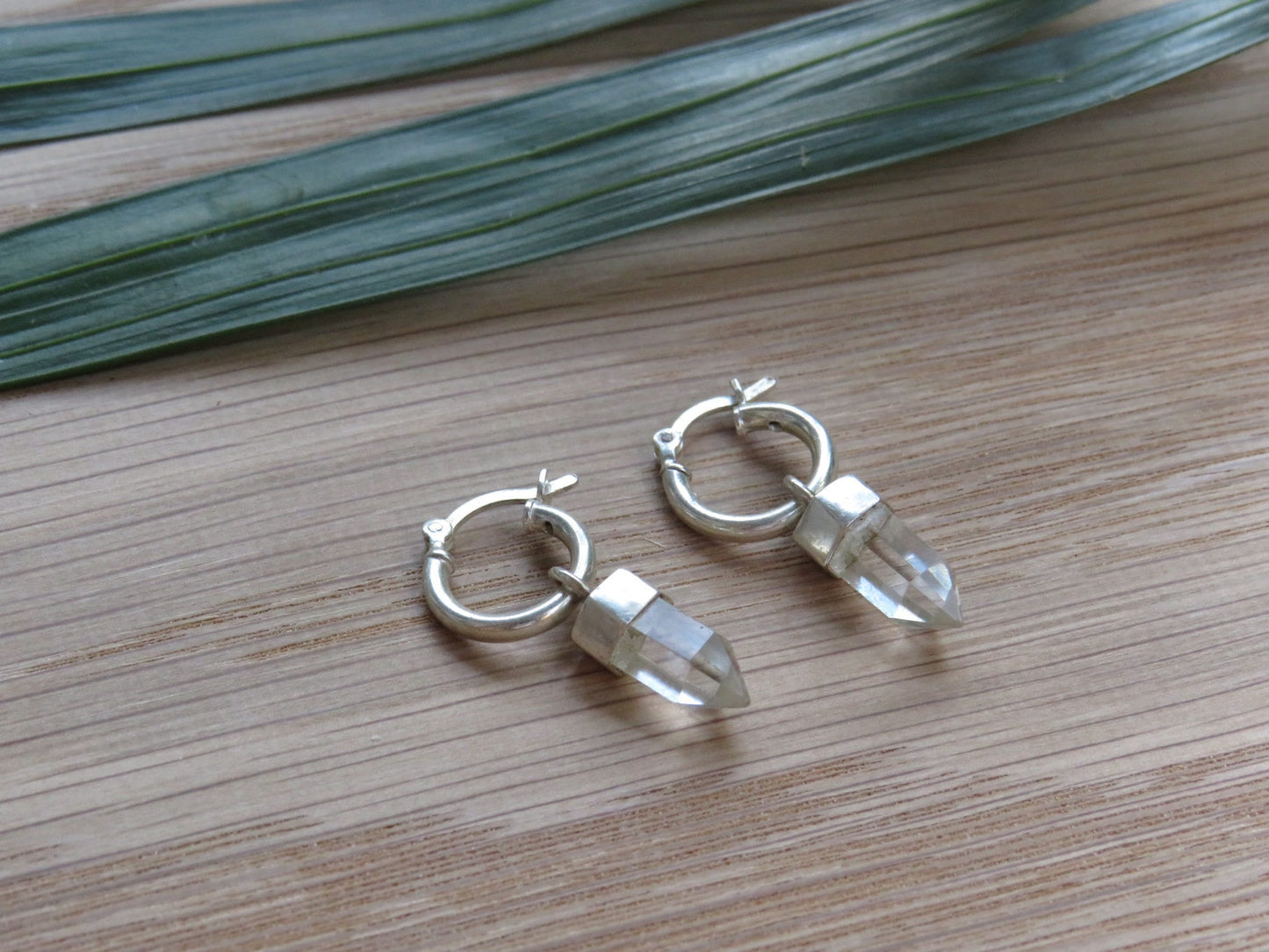 Clear Quartz Point Crystal Huggies Silver Earrings