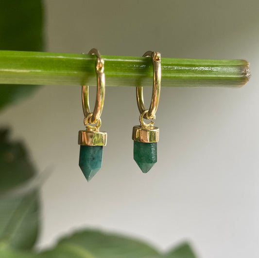 Green Aventurine Point Crystal Huggies Gold Earrings