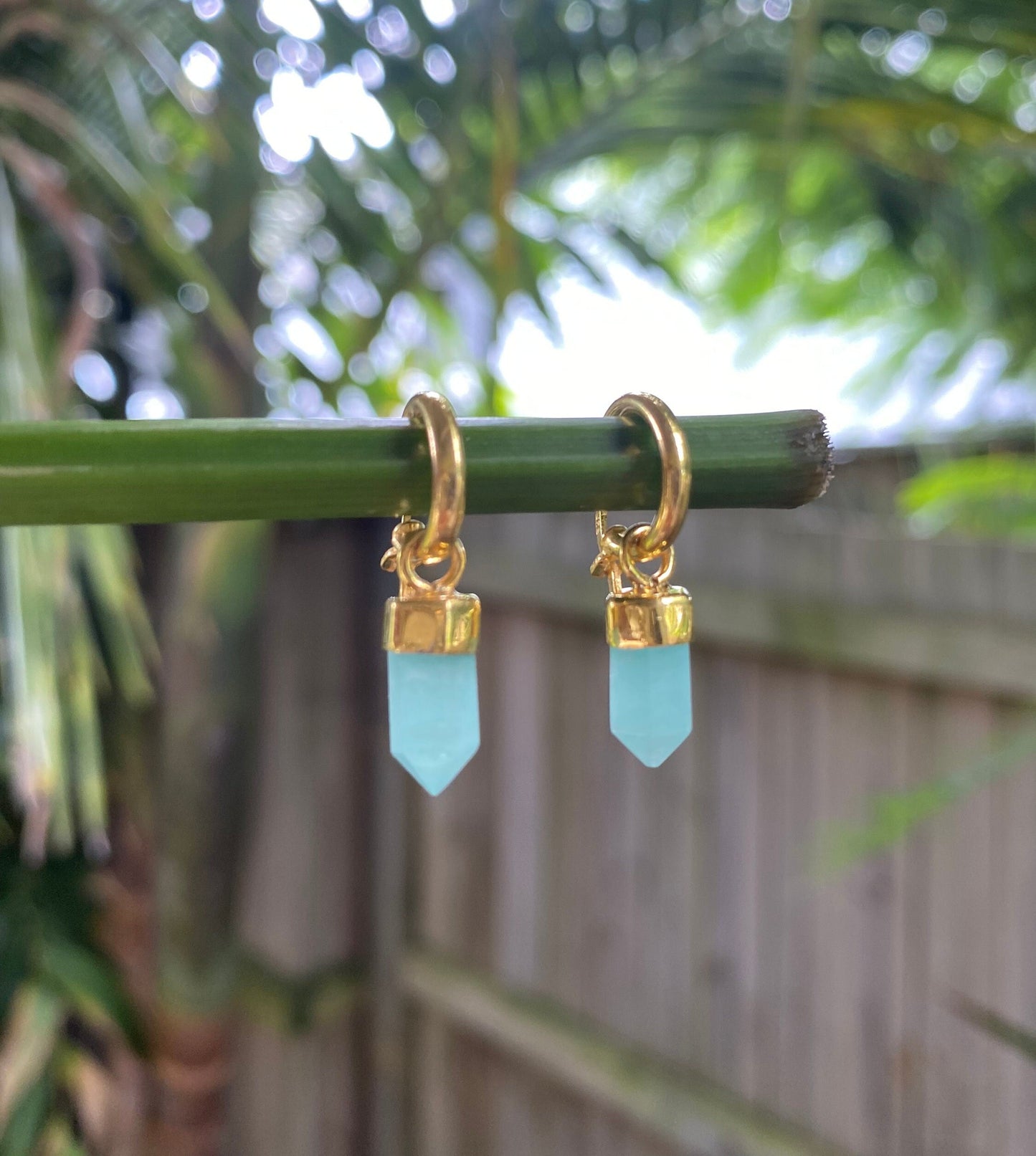 Amazonite Point Crystal Huggies Gold Earrings