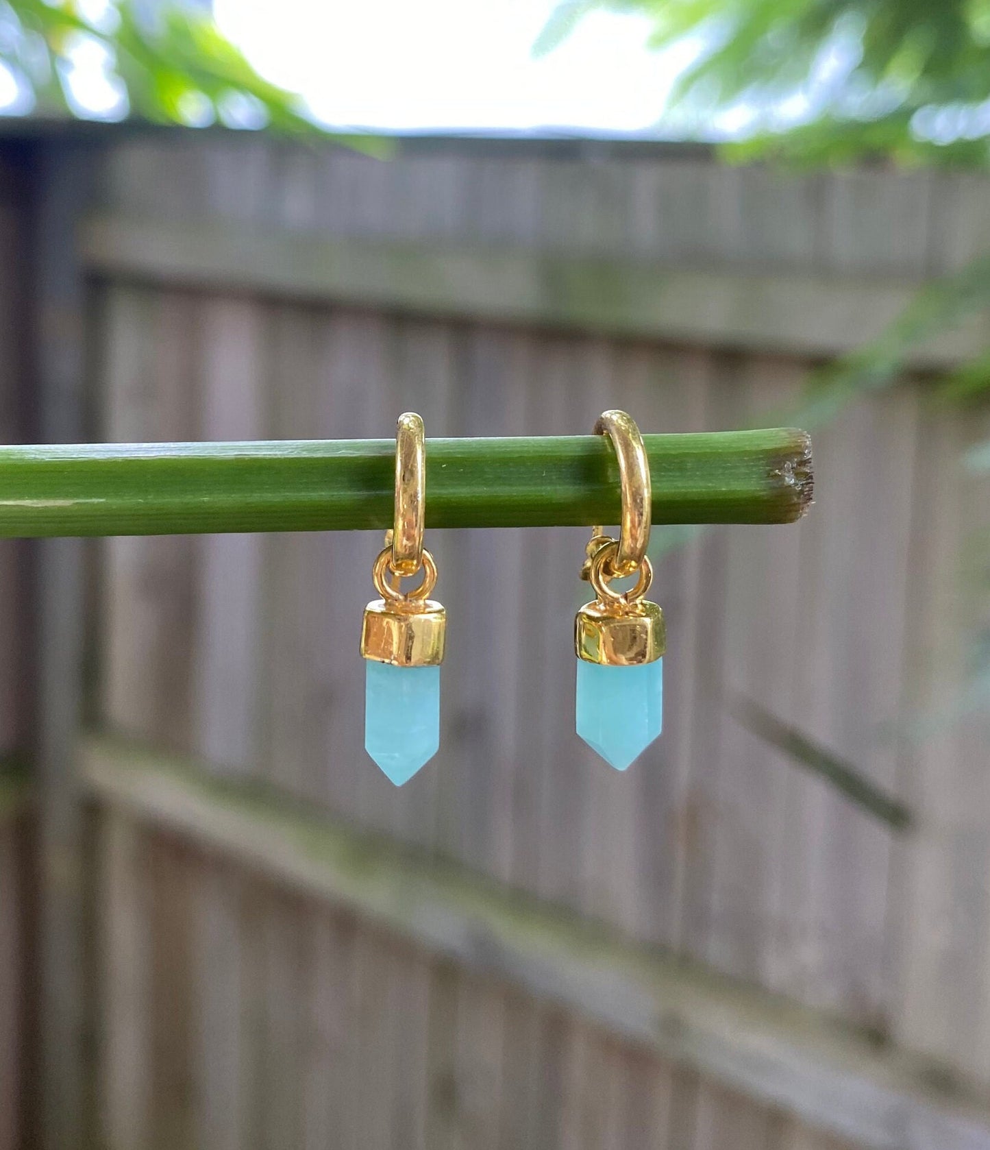 Amazonite Point Crystal Huggies Gold Earrings