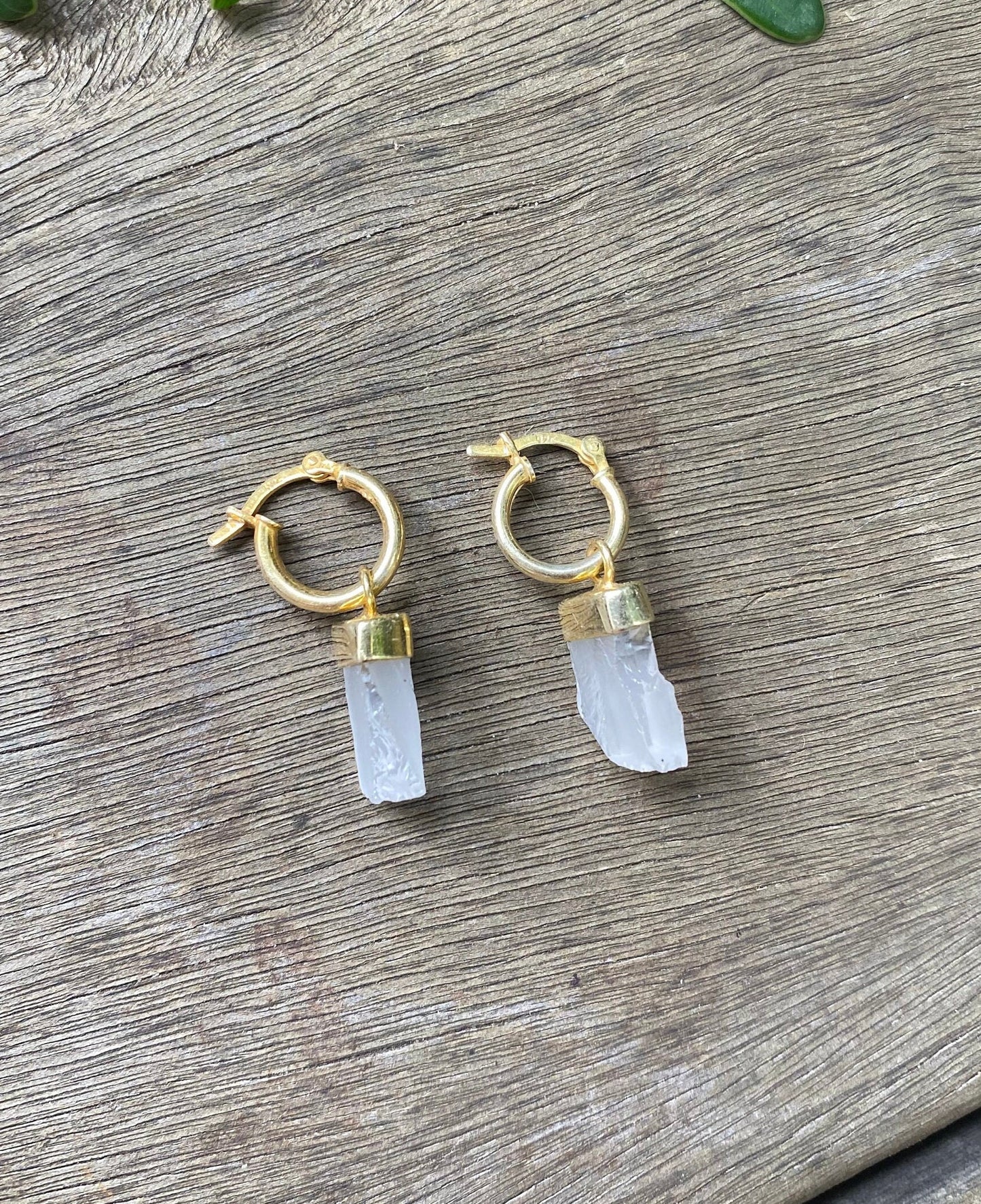Clear Quartz Raw Crystal Huggies Gold Earrings