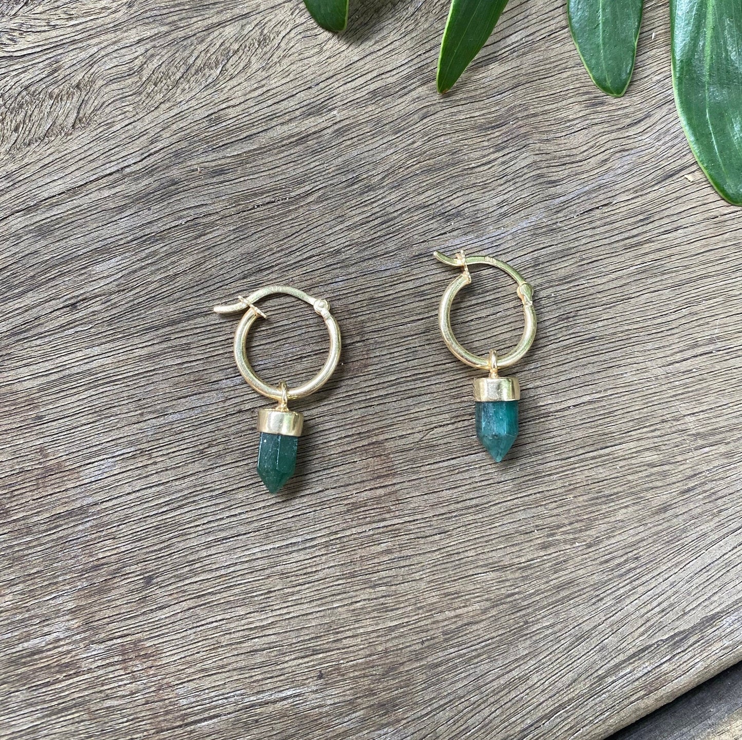 Green Aventurine Point Crystal Huggies Gold Earrings
