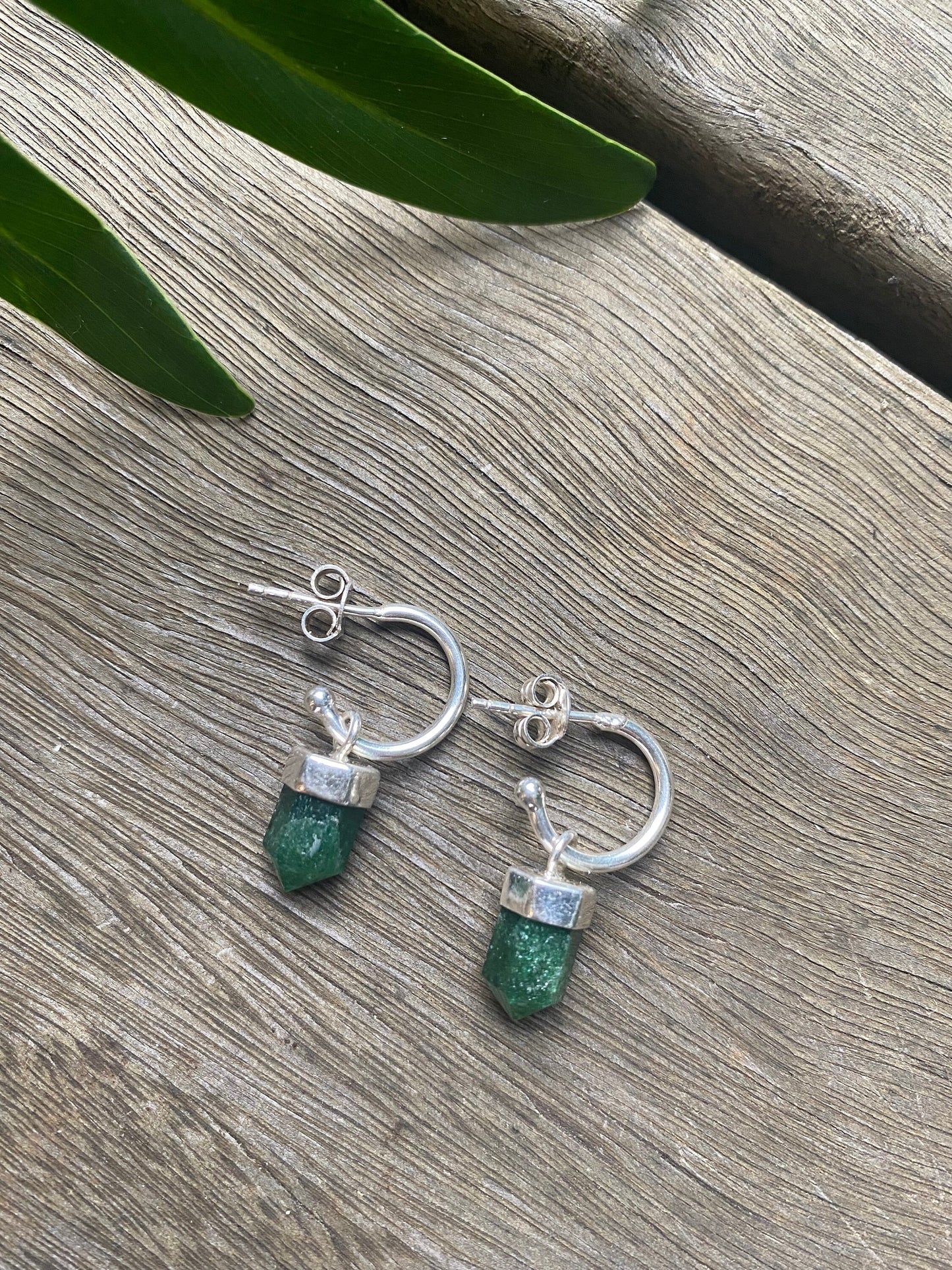 Green Aventurine Point Crystal Huggies Silver Earrings