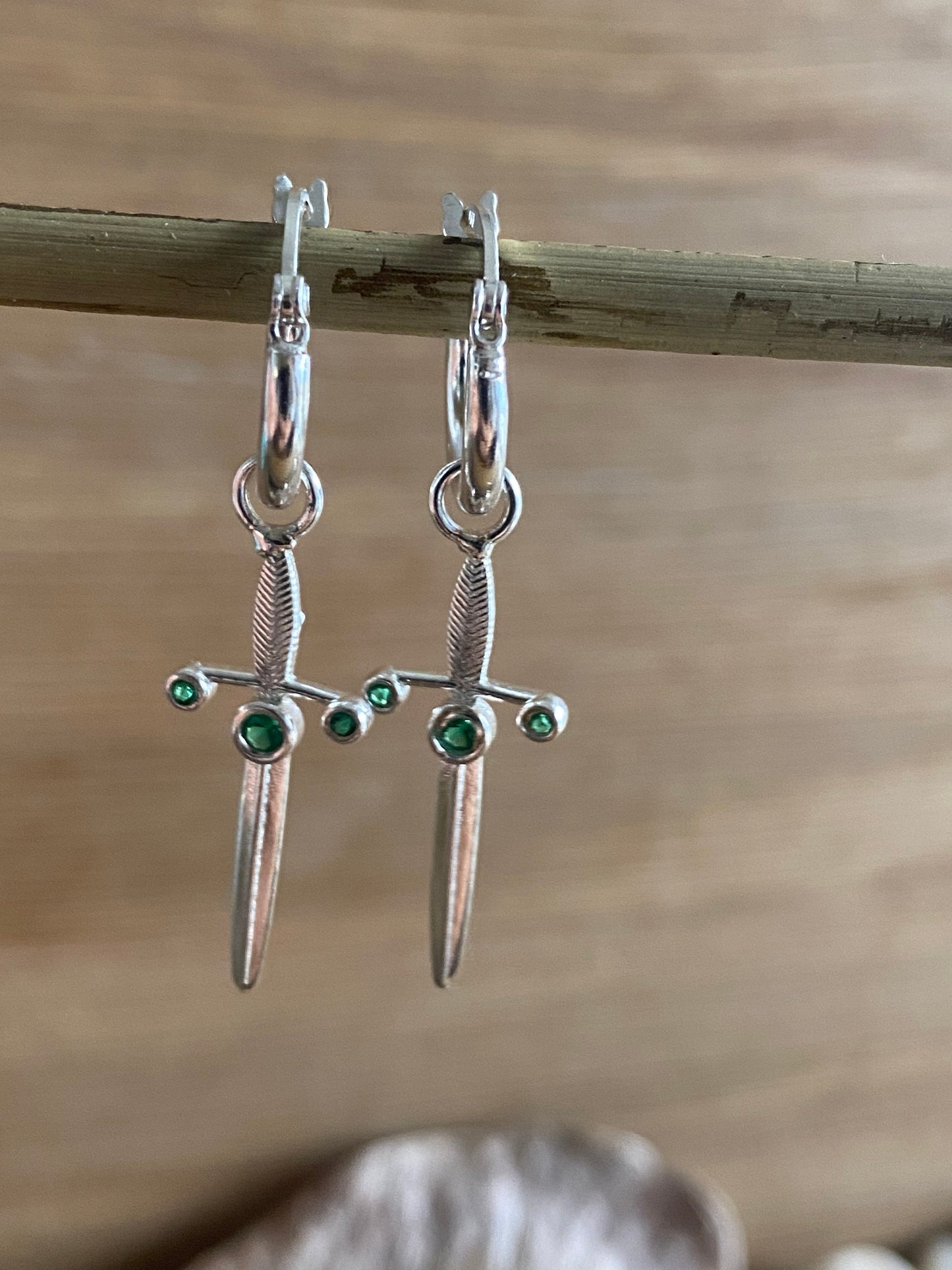 Excalibur Sword Emerald Huggies Silver Earrings