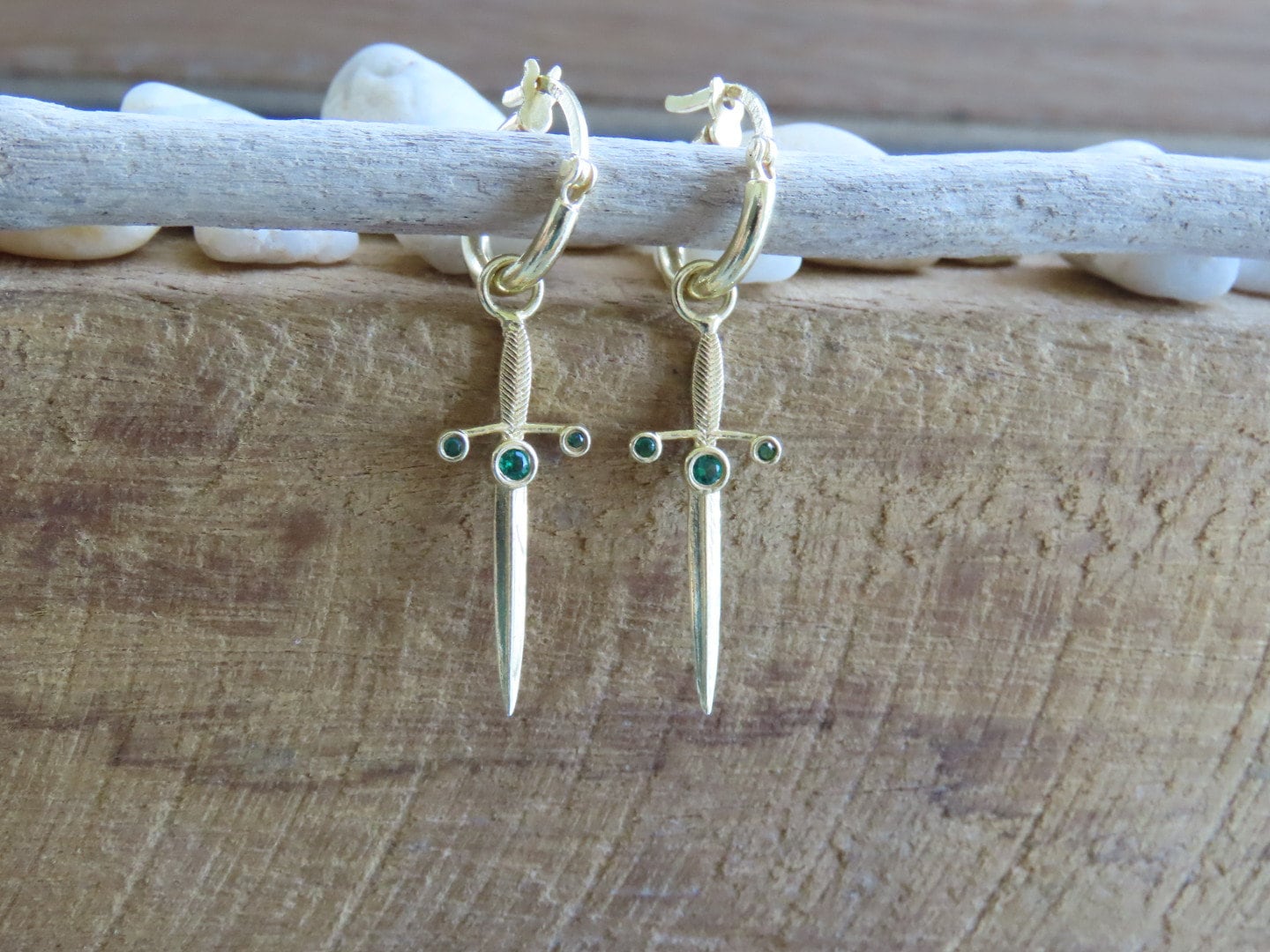 Gold Excalibur Sword Emerald Huggies Earrings