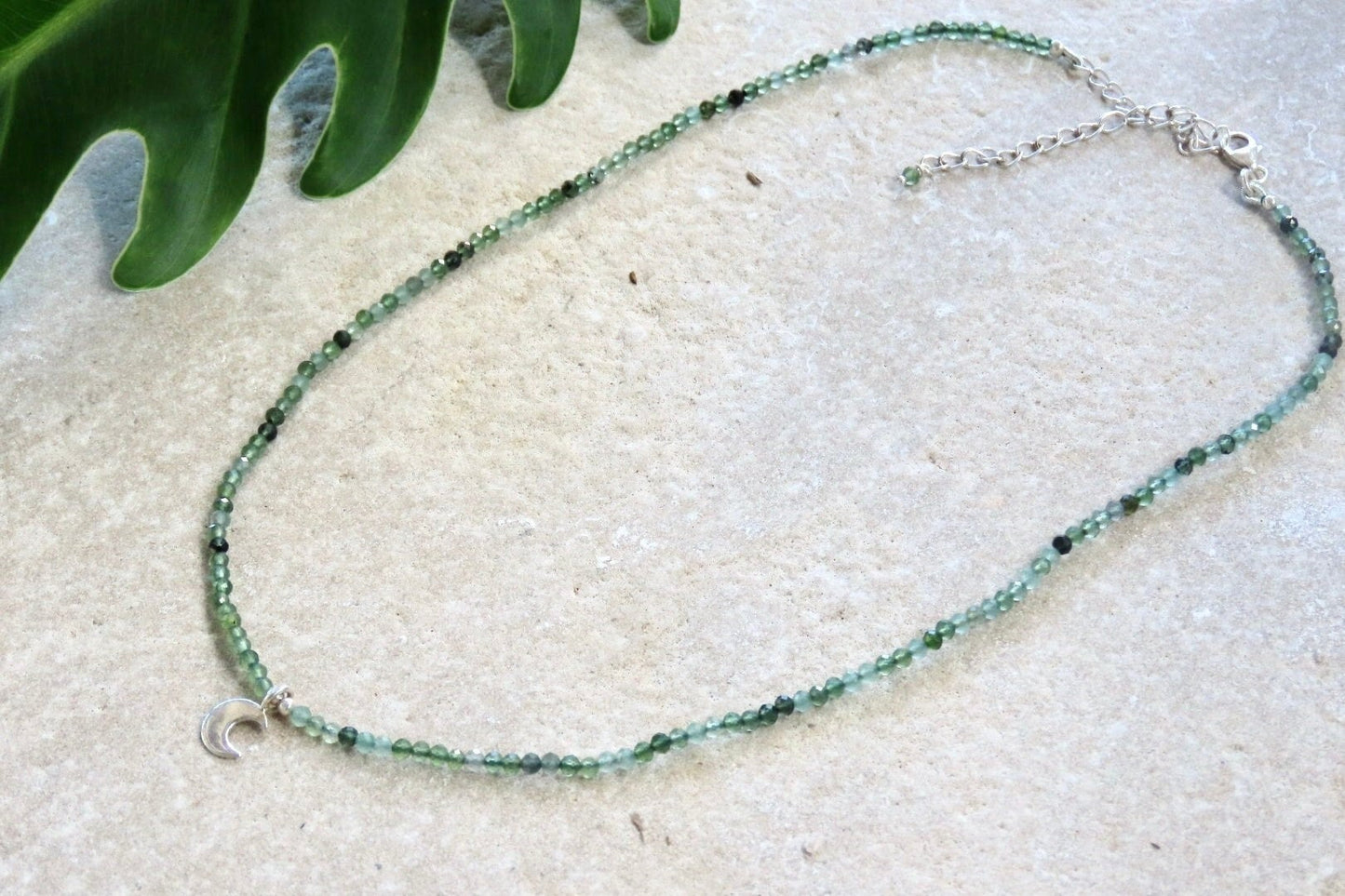 Moss Agate Moon Silver Necklace